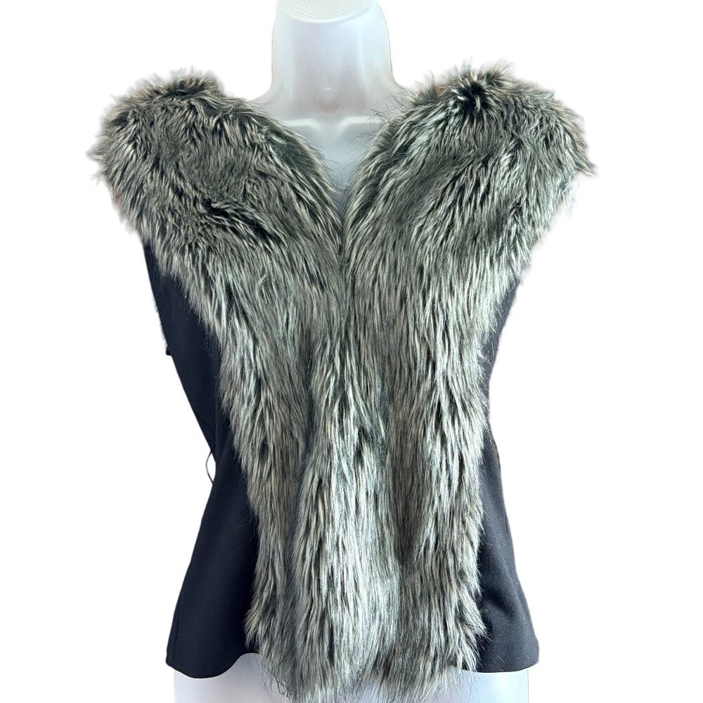 Bisou Bisou Vest Women’s XS Black‎ Gray Faux Fox Fur Y2K Mobwife No belt